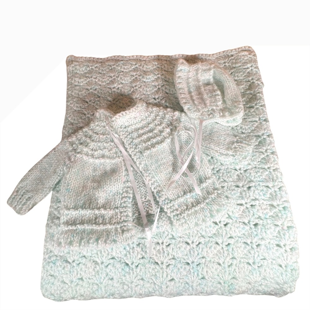 Handmade Knit Baby Set Mint Green Cardigan Bonnet and Blanket 3pc Newborn